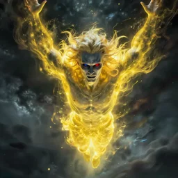 A terrifying blue eyed blond white god floating with his arms up, his eyes glowing red, his whole body glowing yellow ominously. Shot from below, photorealistic, ominous and apocalyptic dark sky.