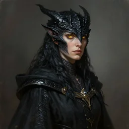medium-length portrait of a female dragonborn wizard with black scales and golden eyes, wears a dark robe, medieval fantasy setting, highly detailed, digital painting, artstation, concept art, sharp focus, illustration, art by greg rutkowski and alphonse mucha