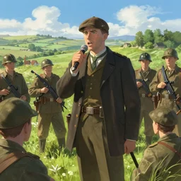 irish rebel leader michael collins giving a speech to rebels in the irish countryside, highly detailed, digital painting, concept art, sharp focus, by makoto shinkai