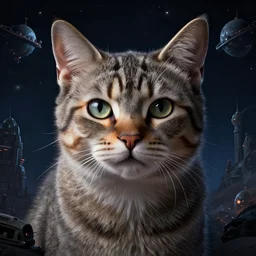 a potrait of a space fanstasy cat, fine details. night setting. realistic shaded lighting poster by craig mullism, artgerm, jeremy lipkin and michael garmash, unreal engine, radiant light, detailed and intricate environment, digital art, trending on art station