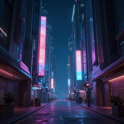 a long narrow alleyway between futuristic buildings leading into the horizon, neon billboards, at night, by joseph ducreux, artstation, volumetric lighting, perfect, high detail
