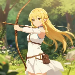 isekai cute anime girl elven archer. in a garden. aesthetic, golden ratio. beautiful lineart, depth focus, rankings pixiv, artstation, chromatic aberration, soft lighting, srgb, 4 k artstation, hdr, cinematic, motion blur, marmoset, blender 3 d, by dave greco, trent kaniuga, kienan lafferty