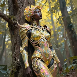 hyperrealistic art nouveau super expressive! black woman with detailed exoskeleton armor, merging with tree in a forest, digital painting masterpiece smooth brad kunkle hannah yata dramatic pearlescent yellow pink light dutch angle hd 8k sharp focus