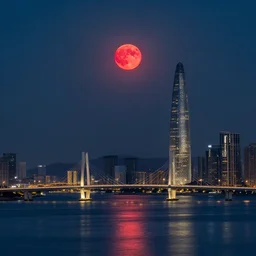 two modern cities at night separated by a bay reflecting a red moon, connected by two bridges