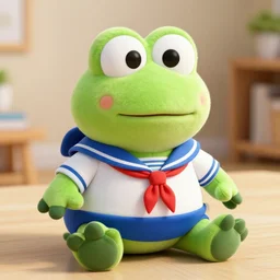 stuffed animal frog wearing a sailor suit, cute, plushie photography,
