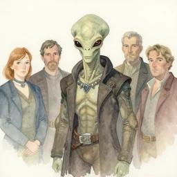 a simple and atmospheric watercolour portrait of a pulp sci - fi alien teacher, very muted colors, by rebecca guay, michael kaluta, charles vess and jean moebius giraud