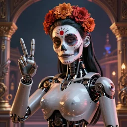 beautiful female android! showing peace sign, ( mechanical ), intricate detailed environment, global illumination, cinematic, ( el dia los muertos ), smooth, blade runner, photorealism, hd, 8 k, beautiful, cinematic, art by moebius and rutkowski and artgerm and mucha and loish and wlop