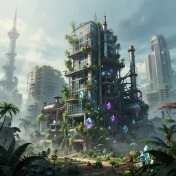 a beautiful hyperdetailed rendering of industrial architecture unfinished building city greenhouse by denise scott brown, junglepunk fog futuristic san andreas water crystal darkacademia nature studio ghibli neon noir gem anime, archdaily, wallpaper, highly detailed, trending on artstation.