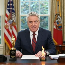 President Guy Fieri at his desk in the Oval Office, business suit with flames, award winning photography