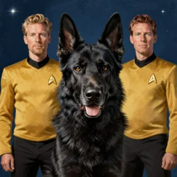 a portrait of a black german shepard dog dogman canine star trek officer. highly detailed painting by gaston bussiere, craig mullins, j. c. leyendecker, furry