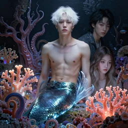 harmony of neon glowing coral, tentacles, ( white hair merman yoongi no ears, no nose portrait ) by wlop, james jean, victo ngai, muted colors, highly detailed, fantasy art by craig mullins, thomas kinkade,