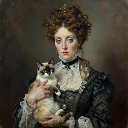 oilpainting 3 / 4 portrait bizzare victorian lady with her magic cat in style of michael hussar and rene lalique realistic and detailed sharp center focus dark 8 k