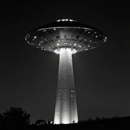 a picture of an ufo above an television tower at night, 1 9 6 0's, black and white