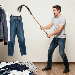 photo of a man using a pair of pants from his laundry as a whip, funny, accident, high quality
