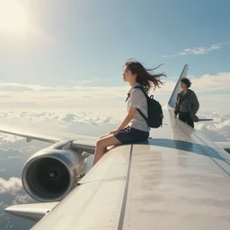 surreal photorealistic scene of a girl sitting on the wing of a flying airplane, side view, wide shot, very windy, sunny morning light, 4 k, hyperrealism, hdr, volumetric lighting, cinematic composition, artstation, digital anime photo concept illustrated by noriyoshi ohrai and magali villeneuve and artgerm