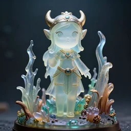cartoon female guardian of the abyssal zone. translucent resin sculpture, backlighting, depth of field, 4 k, metallic details