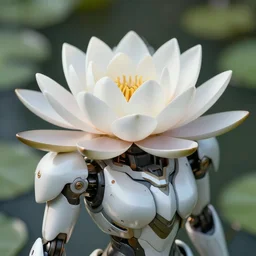 futuristic nymphaea themed mecha waterlily upper body, sepals forming helmet, highly detailed, nymphaea, 8 k hd resolution, zeta gundam with floral inlay, bandai box art, star wars, makoto kobayashi, frank gehry, raymond swanland