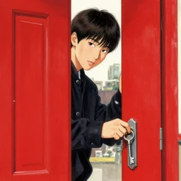kim kibum from shinee using a skeleton key to unlock his red front door, in the art style of alex gross