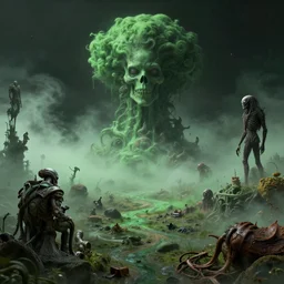BADASS FILTERS AND EFFECTS EFFECTS, FEATURED ON CG SOCIETY, CGI, HYPER REALISTIC VFX SIMULATION of THE PLANET VENUS'S DISASTROUS HELLISH LANDSCAPE, GREEN ISH FOG BY ZDZISŁAW BEKSIŃSKI, H.R. GIGER AND JEFFREY SMITH, INCREDIBLY HIGHLY INTRICATELY DETAILED 3D OCTANE RENDER