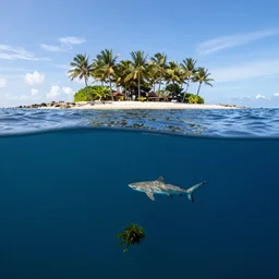 the sea is cut in the middle of the photo from above you can see the island with palm trees and the sky from below you can see fish and sharks and algae