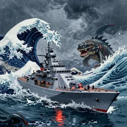 semi futuristic warship being attacked by a sea monster, chaotic sea setting, ocean,The Great Wave off Kanagawa, unreal engine, octane render, cinematic, epic, rainy stormy night, chaotic, 8k, ultra detailed, Artstation, Trending on Artstation, Artstation HQ, Artstation HD, deviant art, Pinterest, digital art, reflections,