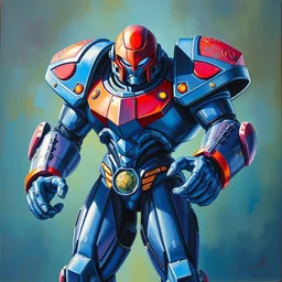 1 9 9 5 retro metroid ii power armor box art. indigo color scheme. character class. drew struzan. h. r. giger. oil on canvas.