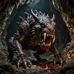 creature in the darkness, claws, large long pointy teeth, drooling, cavern, low lighting, highly intricate, detailed