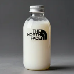 the north face transparent round bottle filled with with dense white liquid, concept art, matte, sharp focus, illustration, art by aenaluck, artgerm