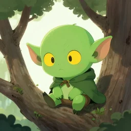 cute green goblin with big ears, no hair, and round yellow eyes, wearing a traveler's cloak, looking down out of a tree, in the style of greg rutkowski