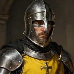 Closeup of frustrated male medieval sergeant with a {short} beard and a steel open face helm wearing a black!!!! and yellow tabard over a steel breastplate and a black gambeson, face visible, intricate, dramatic lighting, illustration by Greg Rutkowski, ArtStation, digital art, fantasy