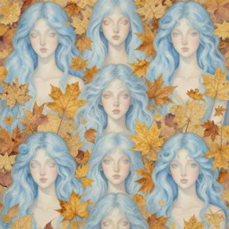 breathtaking detailed concept art painting pattern with pastel colors of blue hair faces goddesses amalgamation autumn leaves, by james jean, bizarre compositions, exquisite detail, 8 k