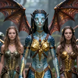 a stunning ultra detailed fantasy fine art full body portrait photo of a na'vi goddess from avatar movie wearing bat wings on the head, by tom bagshaw, karol bak and anna dittman, full body shot, arms made of dragon skin, golden ratio composition, deep depth of field, perfect eyes and face, cyberpunk, soft lighting, artstation, 8 k