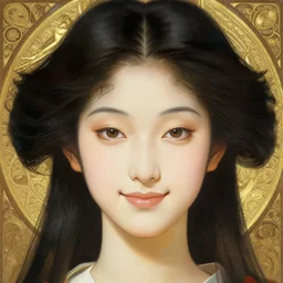 beautiful japanese feminine face! portrait of young woman blessed by god with ever - increasing physical and mental perfection, black hair, symmetrical! intricate, elegant, highly detailed, vision of holy perfection!! smile, digital painting, artstation, concept art, smooth, sharp focus, illustration, art by artgerm and greg rutkowski and alphonse mucha
