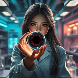 league of legends concept art beautiful young female scientist examining spherical black hole in her hand, long hair, futuristic laboratory background interior, table with laboratory equipment, art by charles liu, portrait shot, neutral face expression, fantasy style, soft lighting, vibrant color scheme, female portrait, ultra detailed, volumetric lighting, octane render, commission art, 8 k wallpaper