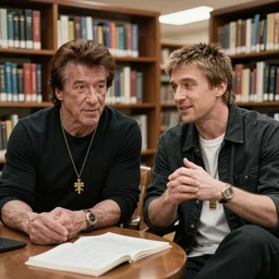 Eminem with Sylvester Stallone in a library, Sigma 24 mm f/8, 1/10 s shutter speed