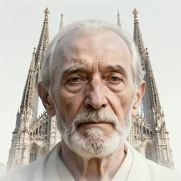 portrait photo of an old mystic'face merging with a cathedral building, etheric, emotionally evoking symbolic metaphors, head in focus, ornamental, intricate, elegant, golden ratio, sharp focus, art by ernst haeckel, h. r. giger, john william godward, gustav klimt,