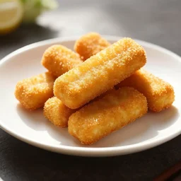 delicious fish stick on plate 4 k photorealism, bokehrama, contre jour