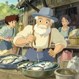 a wholesome animation key shot of an old man selling fish in a town market, studio ghibli, pixar and disney animation, sharp, disney concept art watercolor illustration by mandy jurgens and alphonse mucha and alena aenami, pastel color palette, dramatic lighting