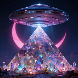 mysterious ufo hovers over magical crystal pyramid, pink crescent moon, bright neon colors, highly detailed, cinematic, eyvind earle, tim white, philippe druillet, roger dean, ernst haeckel, lisa frank, aubrey beardsley
