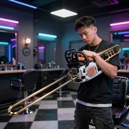 Trombone chainsaw cyberpunk barbershop