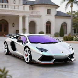 iridescent pearl colored supercar, black spoiler, white rims, purple tinted windows, mansion in background, 8 k, octane render, ultra detailed, intricate