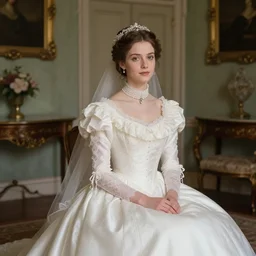 portrait of a young victorian lady with a beautiful long wedding dress in a beautiful victorian room, high quality by jeremy mann, only one head single portrait