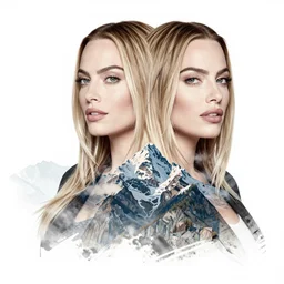 beautiful durrealist double exposure tattoo sketch of margot robbie and beautiful mountains mash up, in the style of lesha lauz, amazing detail, sharp