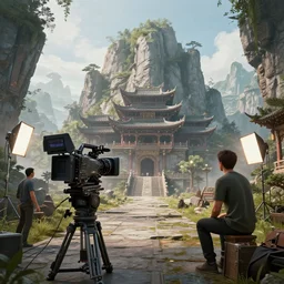 artstation scifi scene of mountain, chinese temple, camera, director, actor, lighting props, dangweiya unreal engine 5, hyper realism, realistic shading, cinematic composition, blender render, octane render, hdr, detailed textures, photorealistic, wide shot