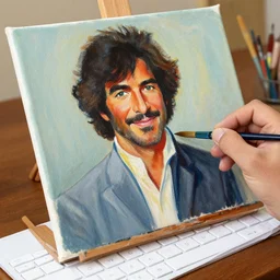 bob ross painting a canvas using a keyboard as a brush