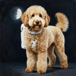 a golden labradoodle astronaut, large scale painting by robert mccall and vladimir kush