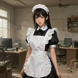 a beautiful maid standing in a dusty office building interior, digital illustration, amazing detail, inspired by artgerm and greg rutkowski