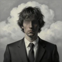 portrait of a faceless shadow - head man with messy hair in a suit, clouds in the background, by rene magritte, detailed painting, distance, middle centered, hd, hq, high resolution, high detail, 4 k, 8 k
