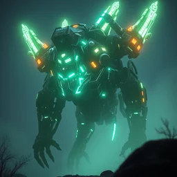 stalker machine mecha animal beast robot of horizon forbidden west horizon zero dawn bioluminiscence global illumination ray tracing hdr fanart arstation by sung choi and eric pfeiffer and gabriel garza and casper konefal
