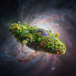 an alien spacecraft made of plants, floating in a cosmic nebula